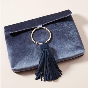 NWT Anthropologie Street Level Blue Slate Velvet Clutch Crossbody Bag with Tasse